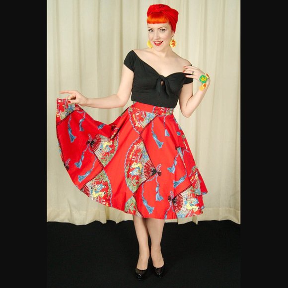 Trashy Diva Japanese Red w. Multicolor Fans Cotton Circle Midi Skirt women’s 6 - Picture 1 of 17
